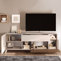 CARLO - Meuble TV 2 portes 1 Tiroir Laqué Beige et Aspect Bois Finition Mercure - Vue supplémentaire 2