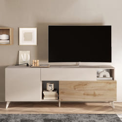 CARLO - Meuble TV 2 portes 1 Tiroir Laqué Beige et Aspect Bois Finition Cadiz