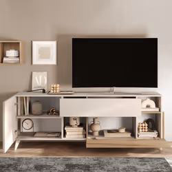 CARLO - Meuble TV 2 portes 1 Tiroir Laqué Beige et Aspect Bois Finition Cadiz - Vue supplémentaire 2
