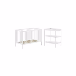 ELIOTT - Ensemble Lit Bébé Evolutif + Table à Langer en Hêtre Massif Laqué Blanc