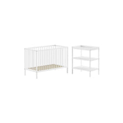 ELIOTT - Ensemble Lit Bébé Evolutif + Table à Langer en Hêtre Massif Laqué Blanc
