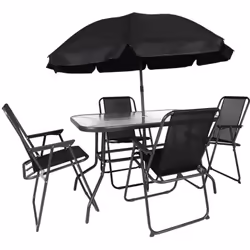GARDEL - Salon de Jardin Noir Table Métal et Verre trempé et 4 Fauteuils en Toile