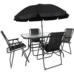 GARDEL - Salon de Jardin Noir Table Métal et Verre trempé et 4 Fauteuils en Toile