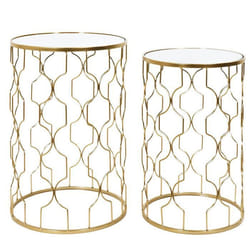 JANNA - Lot de 2 Tables basses Gigogne en Métal Doré Plateaux en verre