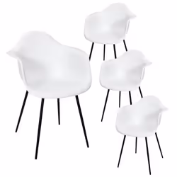 OMER - Lot de 4 Chaises Coque Accoudoirs Blanches Piètement Métal