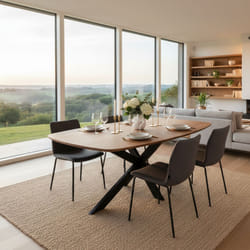 ROMANE - Table Repas 200cm Plateau Ovale en Acacia Massif Pieds Métal Noir