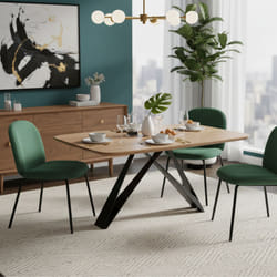 MYLONIS - Table Repas 170cm Plateau en Acacia Massif Pieds Métal Noir Forme Papillon