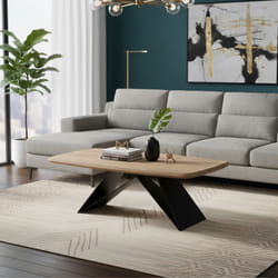 MYLONIS - Table Basse Plateau en Acacia Massif Pieds Métal Noir Forme Papillon