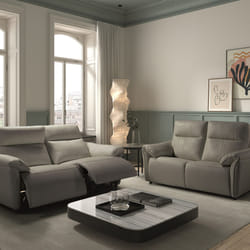 MAZARO - Canapés 3 Places Relax Electrique + 2 Places Fixe Cuir Gris éléphant