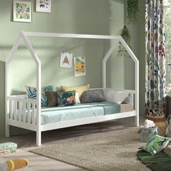 CABANON - Lit Cabane avec Barrières 90x200cm en Pin Massif laqué Blanc