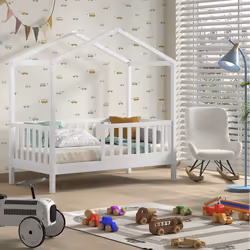 ARKAN - Lit Maison Junior à Barrières 70x140cm Pin Massif laqué Blanc - Vue supplémentaire 2