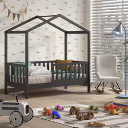 ARKAN - Lit Maison Junior à Barrières 70x140cm Pin Massif laqué Anthracite - Vue supplémentaire 2