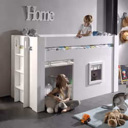 EMRYS - Lit Mi-Hauteur à Fenêtres 90x200cm en MDF Laqué Blanc avec Rideaux - Vue supplémentaire 2