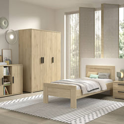 MARCO - Chambre Enfant Complète Lit 90x200cm Chevet Armoire 3P et Commode Aspect Chêne