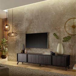 KANSAS BLACK - Meuble TV 4 portes aspect chêne noir pieds métal noir