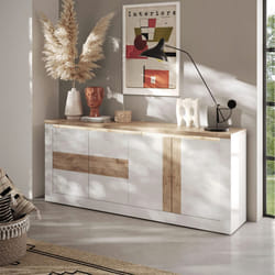 ISALIA - Buffet 4 portes blanc et aspect chêne finition Cadiz avec LED