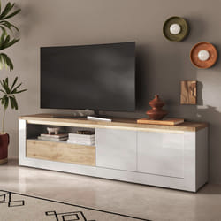 ISALIA - Meuble TV 2 portes blanc et aspect chêne finition Cadiz avec LED