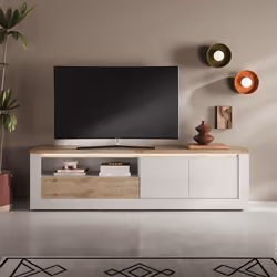 ISALIA - Meuble TV 2 portes blanc et aspect chêne finition Cadiz avec LED - Vue supplémentaire 2