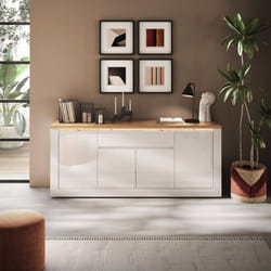 ISALIA - Buffet 4 portes 1 Tiroir blanc et plateau aspect chêne finition Cadiz avec LED