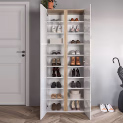 KADER - Armoire à chaussures 2 portes 1 miroir blanc et aspect bois finition Cadiz - Vue supplémentaire 2