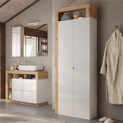 ARTURO - Armoire 2 portes 5 étagères blanc laqué et aspect bois finition Cadiz