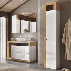 ARTURO - Armoire 1 porte 5 étagères blanc laqué et aspect bois finition Cadiz