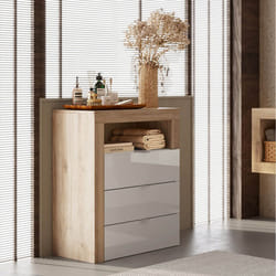 ARTURO - Rangement 3 tiroirs 64cm blanc laqué et aspect bois finition Cadiz