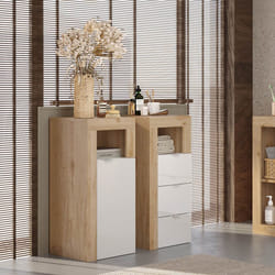 ARTURO - Rangement 3 tiroirs 35cm blanc laqué et aspect bois finition Cadiz