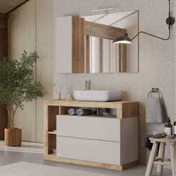 ARTURO - Meuble Vasque 110cm + Miroir beige et aspect bois finition Cadiz