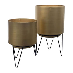 Lot de 2 Pots de Fleur Métal Or Piétément Filaire Noir