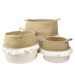 Lot de 3 Paniers Rétractables Cordage Coton Blanc Taupe et Doré avec Franges