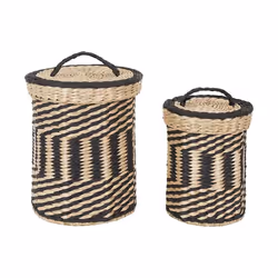 Lot de 2 Paniers Tressés Ethniques Coloris Naturel et Noir avec Couvercle