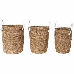 Lot de 3 Paniers Tressés Coloris Naturel avec Anses en Simili Cuir Blanc