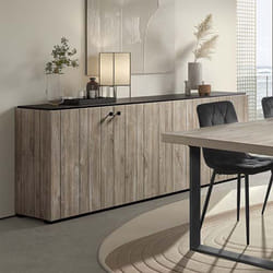 THOMAS - Buffet 4 portes aspect lames de bois finition Beach et plateau noir