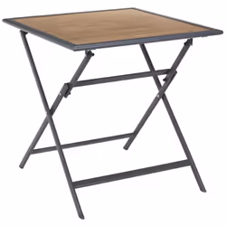 BAHIANA - Table pliante métal laqué gris et plateau en verre trempé effet bois
