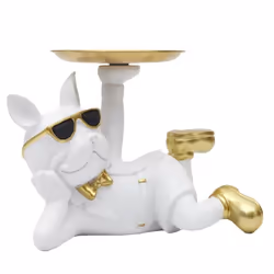 Vide-Poche bulldog couché blanc et or plateau servi