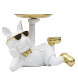 Vide-Poche bulldog couché blanc et or plateau servi