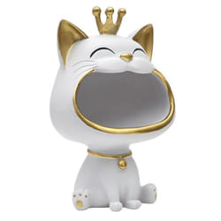 Vide-Poche chat bouche ouverte en polyrésine blanc et dorée