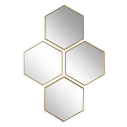 4 miroirs muraux décoratifs hexagone au contour doré en polypropylène