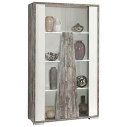 Denys - Vitrine 2 Portes Laqué Blanc et Effet Bois Taupe