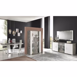 Denys - Buffet 4 Portes Laqué Blanc et Effet Bois Taupe