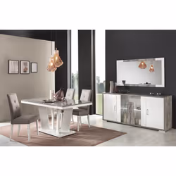 Denys - Buffet 4 Portes Laqué Blanc et Effet Bois Taupe