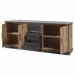 Altobuy - jenna - Buffet 4 Portes 3 Tiroirs Aspect Bois et Métal Noir - Marron clair