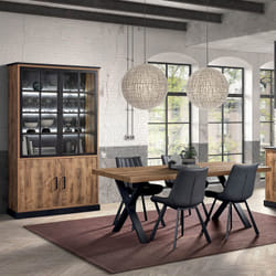 JENNA - Ensemble Table 170cm + Vitrine 4 Portes Aspect Bois et Métal