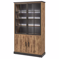 JENNA - Ensemble Table 170cm + Vitrine 4 Portes Aspect Bois et Métal