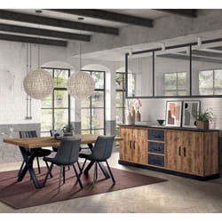 Jenna - Ensemble Table 230cm + Buffet 4 Portes Aspect Bois et Métal - Marron clair