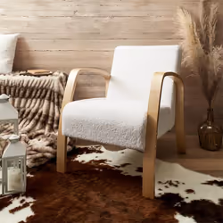 Kaupa - Fauteuil en Tissu Bouclettes Blanc Accoudoirs Bois - Blanc