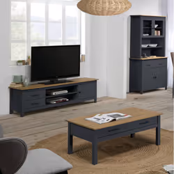 Tina - Buffet Haut 4 Portes 2 Tiroirs Bois Ciré et Bleu Pétrole