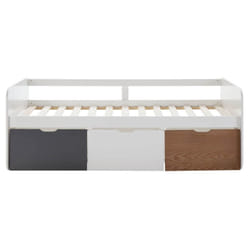Zella - Lit 90x190cm + 3 Tiroirs Blanc, Gris et Effet Bois - Blanc