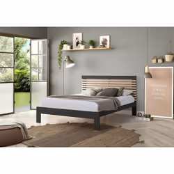 Laupell - Lit 140x190cm + Tête de Lit Gris Anthracite et Naturel - Gris anthracite